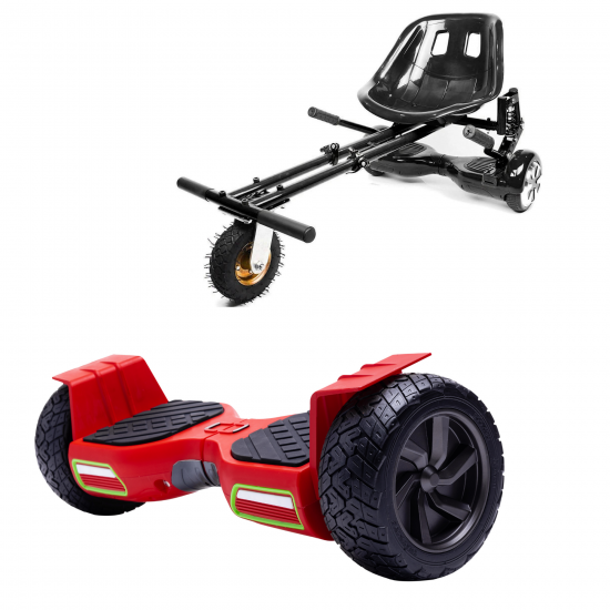 Set Hoverboard All Terrain cu Scaun, Hoverkart Negru cu Suspensii Duble, Boxe Bluetooth, Lumini LED si Auto Balans, roti 8.5'', 15km Autonomie, Putere 700W, Baterie 4Ah Samsung Cell, Smart Balance Hummer Red