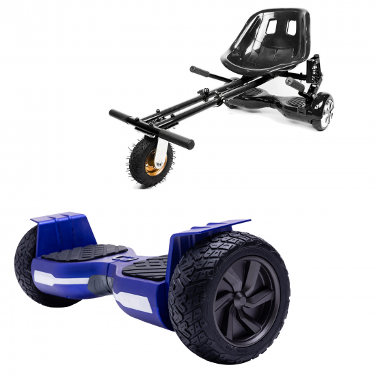 Set Hoverboard All Terrain cu Scaun, Hoverkart Negru cu Suspensii Duble, Boxe Bluetooth, Lumini LED si Auto Balans, roti 8.5'', 15km Autonomie, Putere 700W, Baterie 4Ah Samsung Cell, Smart Balance Hummer Blue