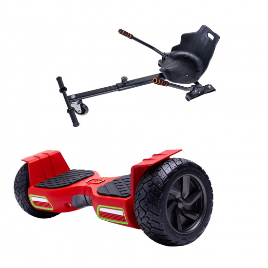 Set Hoverboard All Terrain cu Scaun, Hoverkart Ergonomic, Boxe Bluetooth, Lumini LED si Auto Balans, roti 8.5'', 15km Autonomie, Putere 700W, Baterie 4Ah Samsung Cell, Smart Balance Hummer Red