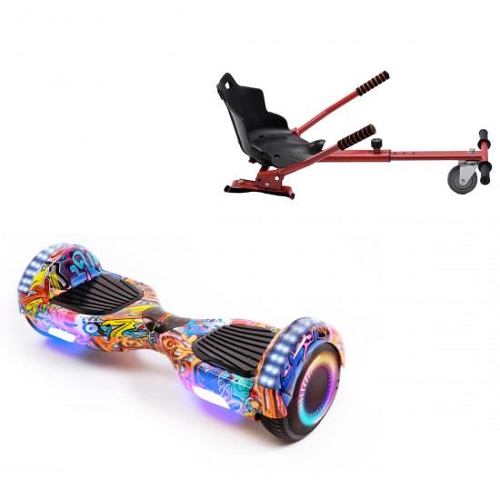 Pachet Hoverboard 6.5 inch cu Scaun Standard, Regular HipHop Orange PRO, Autonomie Standard si Hoverkart Ergonomic Rosu, Smart Balance
