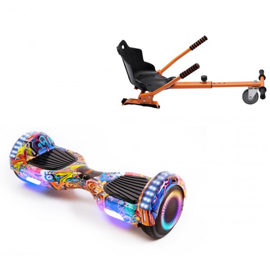 Pachet Hoverboard 6.5 inch cu Scaun Standard, Regular HipHop Orange PRO, Autonomie Extinsa si Hoverkart Ergonomic Portocaliu, Smart Balance