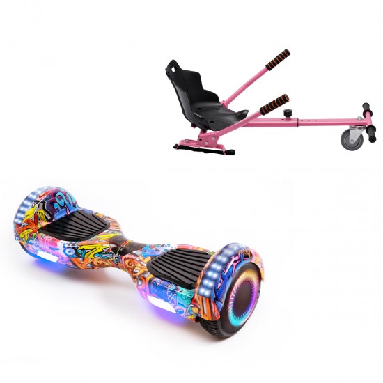 Pachet Hoverboard 6.5 inch cu Scaun Standard, Regular HipHop Orange PRO, Autonomie Standard si Hoverkart Ergonomic Roz, Smart Balance