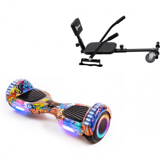 Pachet Hoverboard 6.5 inch cu Scaun Confort, Regular HipHop Orange PRO, Autonomie Standard si Hoverkart cu Burete Negru, Smart Balance