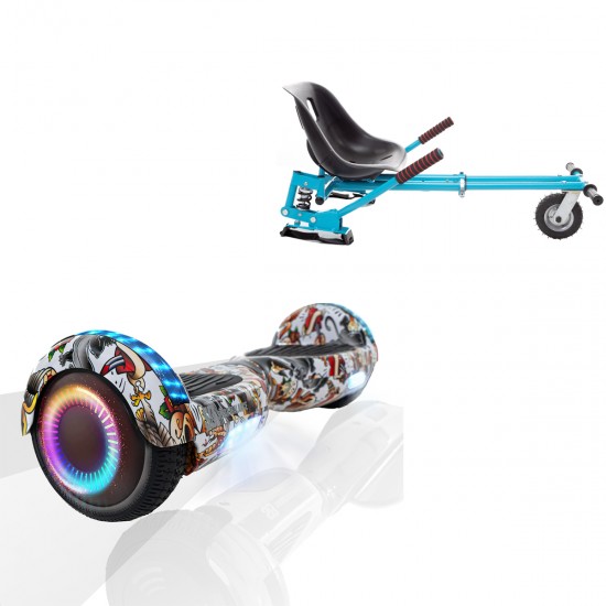 Pachet Hoverboard 6.5 inch cu Scaun cu Suspensii, Regular Tattoo PRO, Autonomie Extinsa si Hoverkart Albastru cu Suspensii Duble, Smart Balance