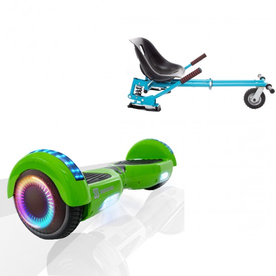 Pachet Hoverboard 6.5 inch cu Scaun cu Suspensii, Regular Green PRO, Autonomie Extinsa si Hoverkart Albastru cu Suspensii Duble, Smart Balance