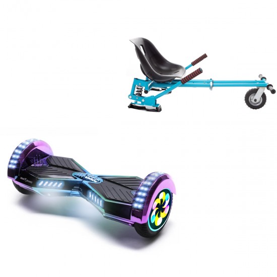 Pachet Hoverboard 8 inch cu Scaun cu Suspensii, Transformers Dakota PRO LED, Autonomie Extinsa si Hoverkart Albastru cu Suspensii Duble, Smart Balance