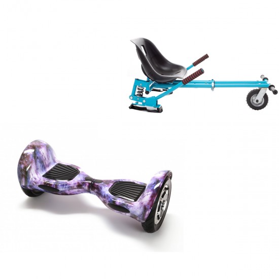 Pachet Hoverboard 10 inch cu Scaun cu Suspensii, Off-Road Galaxy, Autonomie Extinsa si Hoverkart Albastru cu Suspensii Duble, Smart Balance