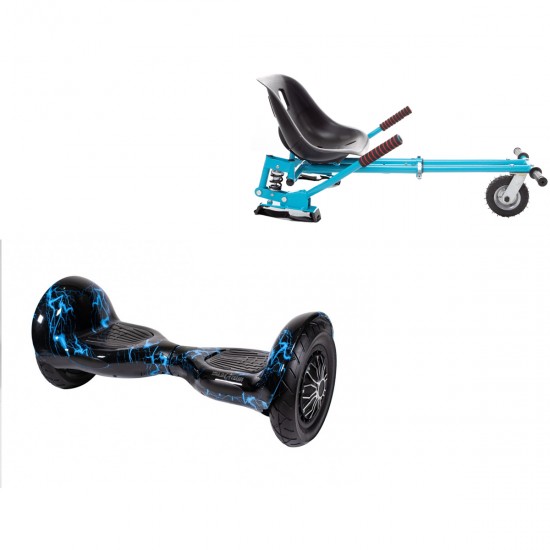 Pachet Hoverboard 10 inch cu Scaun cu Suspensii, Off-Road Thunderstorm Blue, Autonomie Extinsa si Hoverkart Albastru cu Suspensii Duble, Smart Balance