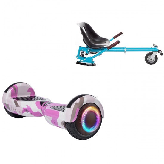 Pachet Hoverboard 6.5 inch cu Scaun cu Suspensii, Regular Camouflage Pink PRO, Autonomie Extinsa si Hoverkart Albastru cu Suspensii Duble, Smart Balance