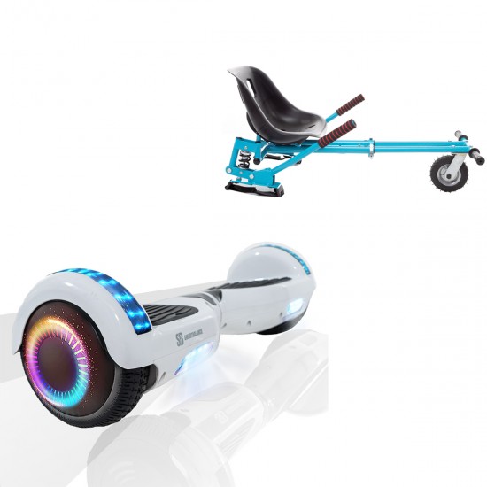 Pachet Hoverboard 6.5 inch cu Scaun cu Suspensii, Regular White Pearl PRO, Autonomie Extinsa si Hoverkart Albastru cu Suspensii Duble, Smart Balance