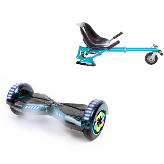 Pachet Hoverboard 8 inch cu Scaun cu Suspensii, Transformers Thunderstorm PRO, Autonomie Extinsa si Hoverkart Albastru cu Suspensii Duble, Smart Balance