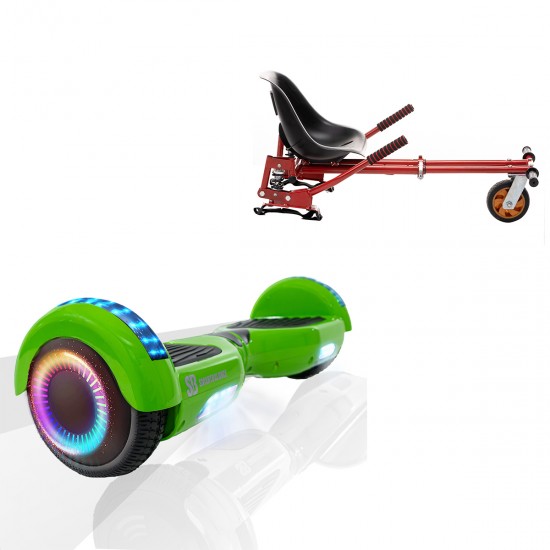 Pachet Hoverboard 6.5 inch cu Scaun cu Suspensii, Regular Green PRO, Autonomie Standard si Hoverkart Rosu cu Suspensii Duble, Smart Balance