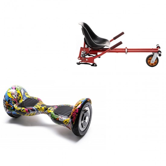 Pachet Hoverboard 10 inch cu Scaun cu Suspensii, Off-Road HipHop, Autonomie Standard si Hoverkart Rosu cu Suspensii Duble, Smart Balance