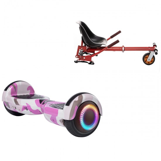 Pachet Hoverboard 6.5 inch cu Scaun cu Suspensii, Regular Camouflage Pink PRO, Autonomie Extinsa si Hoverkart Rosu cu Suspensii Duble, Smart Balance