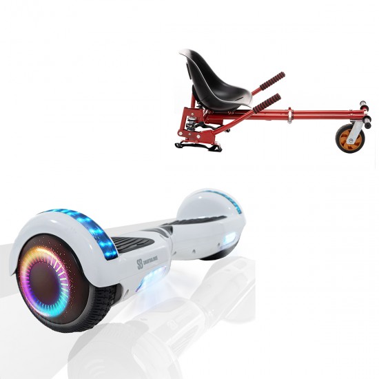 Pachet Hoverboard 6.5 inch cu Scaun cu Suspensii, Regular White Pearl PRO, Autonomie Extinsa si Hoverkart Rosu cu Suspensii Duble, Smart Balance