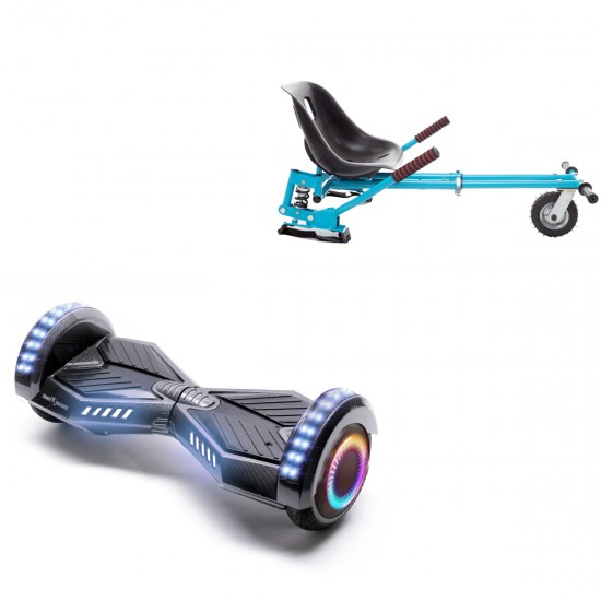 Pachet Hoverboard 6.5 inch cu Scaun cu Suspensii, Transformers Carbon PRO, Autonomie Extinsa si Hoverkart Albastru cu Suspensii Duble, Smart Balance