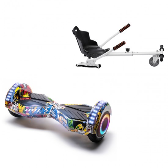 Pachet Hoverboard 6.5 inch cu Scaun Standard, Transformers HipHop PRO, Autonomie Extinsa si Hoverkart Ergonomic Alb, Smart Balance