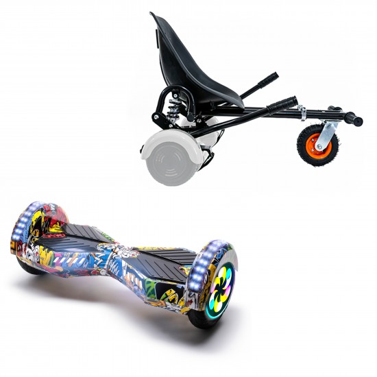 Pachet Hoverboard 8 inch cu Scaun cu Suspensii, Transformers HipHop PRO, Autonomie Extinsa si Hoverkart Negru cu Suspensii Duble, Smart Balance