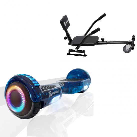 Pachet Hoverboard 6.5 inch cu Scaun Confort, Regular Galaxy Blue PRO, Autonomie Extinsa si Hoverkart cu Burete Negru, Smart Balance
