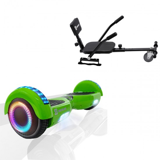 Pachet Hoverboard 6.5 inch cu Scaun Confort, Regular Green PRO, Autonomie Extinsa si Hoverkart cu Burete Negru, Smart Balance