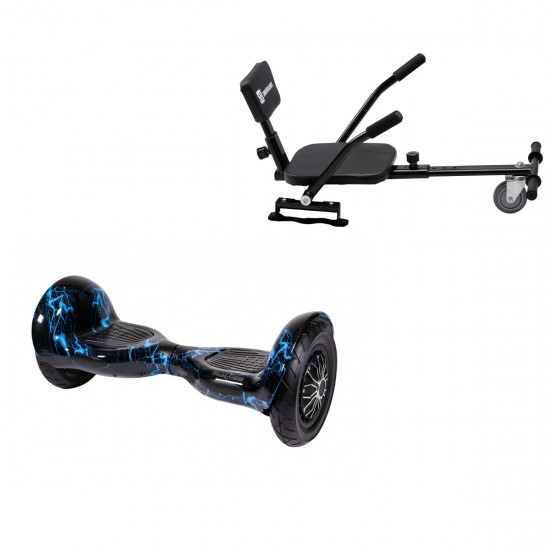 Pachet Hoverboard 10 inch cu Scaun Confort, Off-Road Thunderstorm Blue, Autonomie Extinsa si Hoverkart cu Burete Negru, Smart Balance