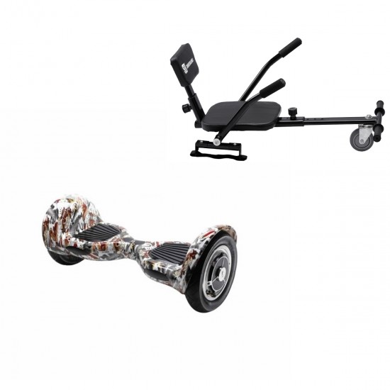 Pachet Hoverboard 10 inch cu Scaun Confort, Off-Road Tattoo, Autonomie Standard si Hoverkart cu Burete Negru, Smart Balance