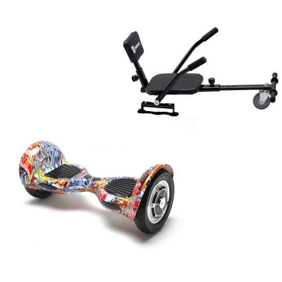 Pachet Hoverboard 10 inch cu Scaun Confort, Off-Road HipHop Orange, Autonomie Extinsa si Hoverkart cu Burete Negru, Smart Balance