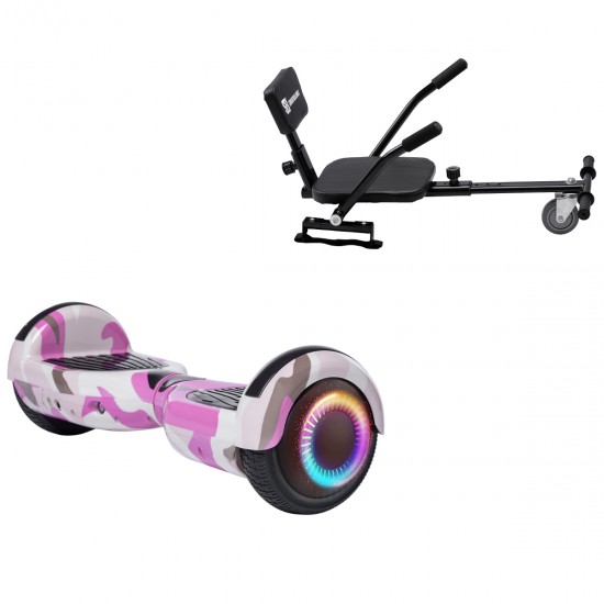 Pachet Hoverboard 6.5 inch cu Scaun Confort, Regular Camouflage Pink PRO, Autonomie Standard si Hoverkart cu Burete Negru, Smart Balance