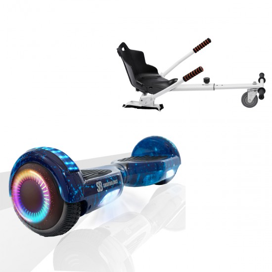 Pachet Hoverboard 6.5 inch cu Scaun Standard, Regular Galaxy Blue PRO, Autonomie Standard si Hoverkart Ergonomic Alb, Smart Balance