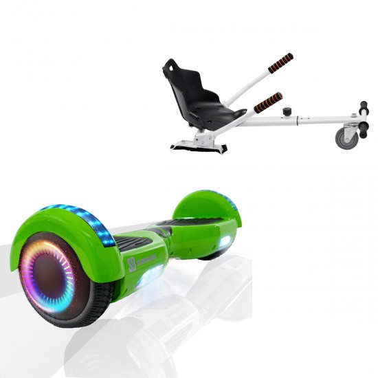 Pachet Hoverboard 6.5 inch cu Scaun Standard, Regular Green PRO, Autonomie Extinsa si Hoverkart Ergonomic Alb, Smart Balance