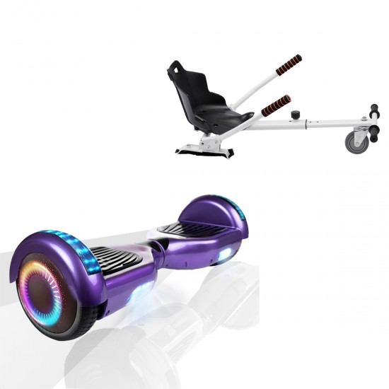 Pachet Hoverboard 6.5 inch cu Scaun Standard, Regular Purple PRO, Autonomie Standard si Hoverkart Ergonomic Alb, Smart Balance