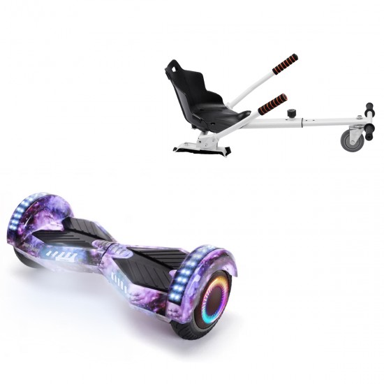 Pachet Hoverboard 6.5 inch cu Scaun Standard, Transformers Galaxy PRO, Autonomie Extinsa si Hoverkart Ergonomic Alb, Smart Balance