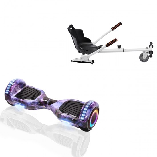 Pachet Hoverboard 6.5 inch cu Scaun Standard, Regular Galaxy PRO, Autonomie Extinsa si Hoverkart Ergonomic Alb, Smart Balance