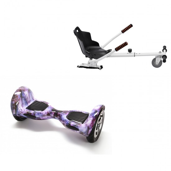 Pachet Hoverboard 10 inch cu Scaun Standard, Off-Road Galaxy, Autonomie Extinsa si Hoverkart Ergonomic Alb, Smart Balance