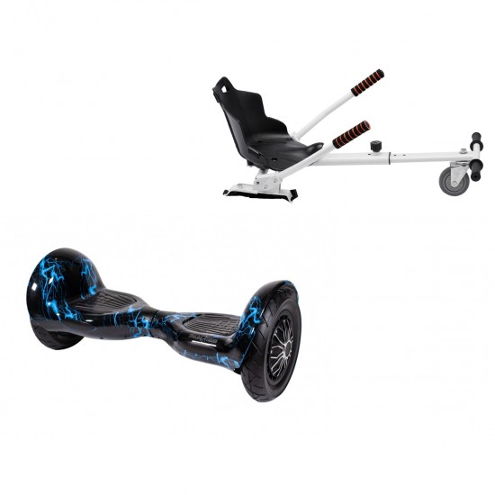 Pachet Hoverboard 10 inch cu Scaun Standard, Off-Road Thunderstorm Blue, Autonomie Extinsa si Hoverkart Ergonomic Alb, Smart Balance