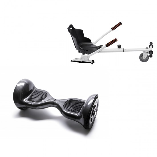 Pachet Hoverboard 10 inch cu Scaun Standard, Off-Road Carbon, Autonomie Extinsa si Hoverkart Ergonomic Alb, Smart Balance