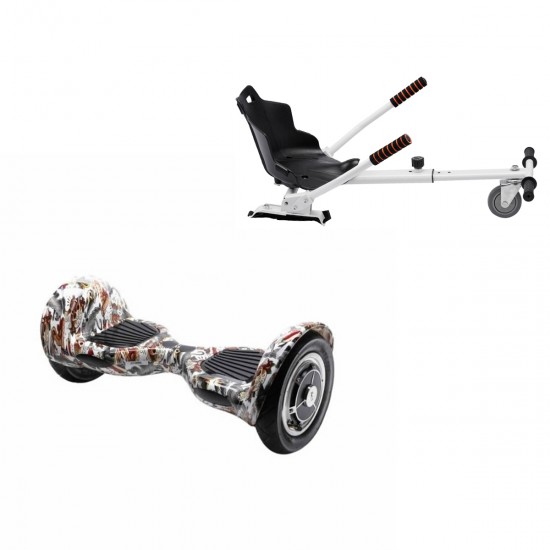 Pachet Hoverboard 10 inch cu Scaun Standard, Off-Road Tattoo, Autonomie Standard si Hoverkart Ergonomic Alb, Smart Balance