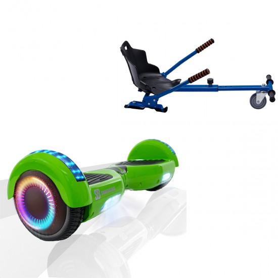 Pachet Hoverboard 6.5 inch cu Scaun Standard, Regular Green PRO, Autonomie Standard si Hoverkart Ergonomic Albastru, Smart Balance