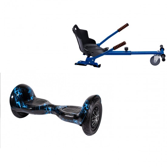 Pachet Hoverboard 10 inch cu Scaun Standard, Off-Road Thunderstorm Blue, Autonomie Extinsa si Hoverkart Ergonomic Albastru, Smart Balance