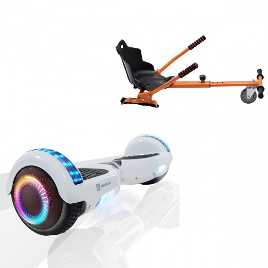 Pachet Hoverboard 6.5 inch cu Scaun Standard, Regular White Pearl PRO, Autonomie Standard si Hoverkart Ergonomic Portocaliu, Smart Balance