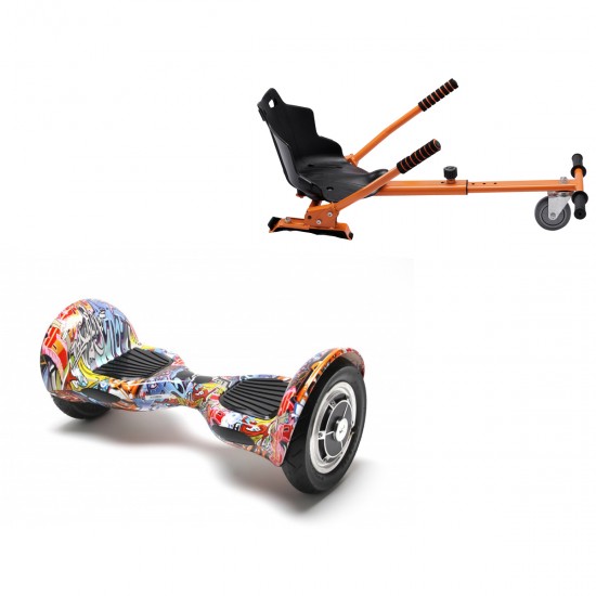 Pachet Hoverboard 10 inch cu Scaun Standard, Off-Road HipHop Orange, Autonomie Extinsa si Hoverkart Ergonomic Portocaliu, Smart Balance