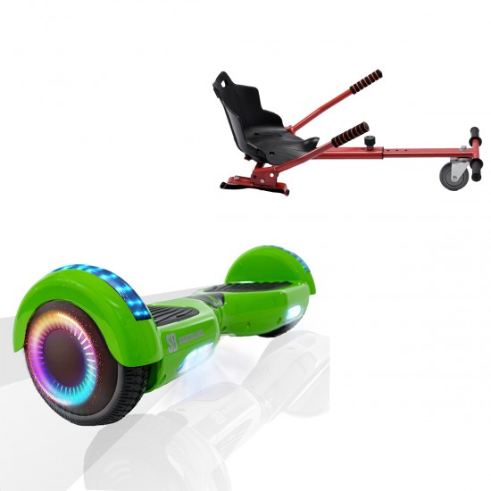 Pachet Hoverboard 6.5 inch cu Scaun Standard, Regular Green PRO, Autonomie Standard si Hoverkart Ergonomic Rosu, Smart Balance