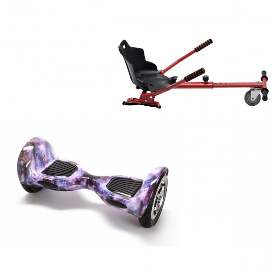 Pachet Hoverboard 10 inch cu Scaun Standard, Off-Road Galaxy, Autonomie Standard si Hoverkart Ergonomic Rosu, Smart Balance
