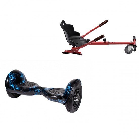 Pachet Hoverboard 10 inch cu Scaun Standard, Off-Road Thunderstorm Blue, Autonomie Extinsa si Hoverkart Ergonomic Rosu, Smart Balance