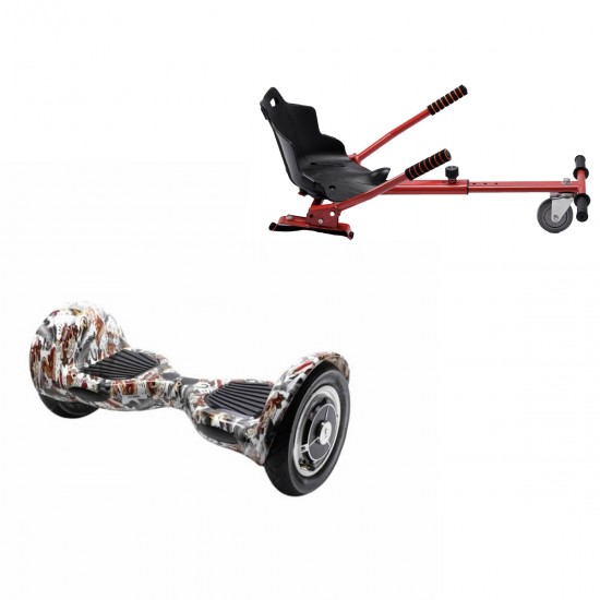Pachet Hoverboard 10 inch cu Scaun Standard, Off-Road Tattoo, Autonomie Extinsa si Hoverkart Ergonomic Rosu, Smart Balance