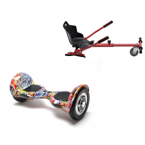 Pachet Hoverboard 10 inch cu Scaun Standard, Off-Road HipHop Orange, Autonomie Extinsa si Hoverkart Ergonomic Rosu, Smart Balance