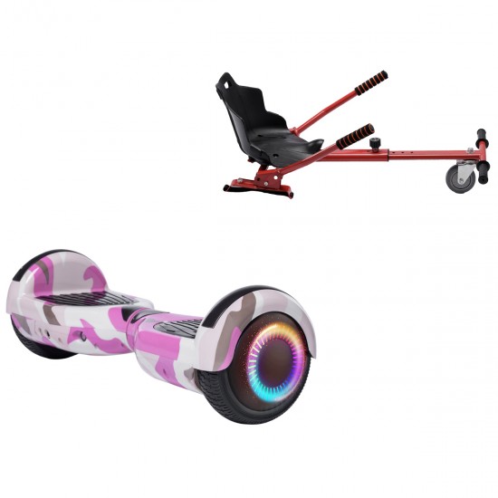 Pachet Hoverboard 6.5 inch cu Scaun Standard, Regular Camouflage Pink PRO, Autonomie Extinsa si Hoverkart Ergonomic Rosu, Smart Balance