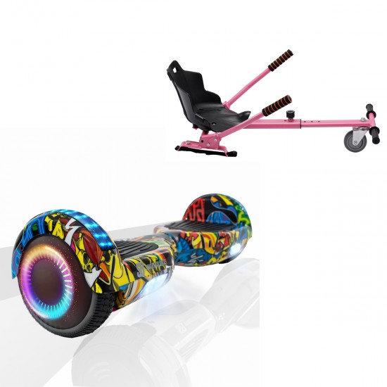 Pachet Hoverboard 6.5 inch cu Scaun Standard, Regular HipHop PRO, Autonomie Extinsa si Hoverkart Ergonomic Roz, Smart Balance