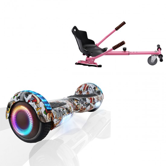 Pachet Hoverboard 6.5 inch cu Scaun Standard, Regular Tattoo PRO, Autonomie Standard si Hoverkart Ergonomic Roz, Smart Balance