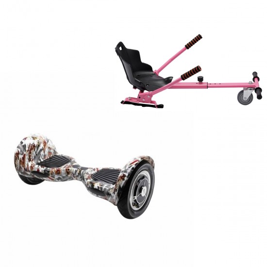 Pachet Hoverboard 10 inch cu Scaun Standard, Off-Road Tattoo, Autonomie Extinsa si Hoverkart Ergonomic Roz, Smart Balance